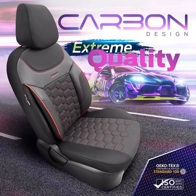 Καλύμματα Αυτοκινήτου Otom Carbon Design Universal Jacquard / Rachel / Δερματίνη Σετ Εμπρός / Πίσω Μαύρο - Κόκκινο CRB-3402 11 Τεμάχια - Image 7