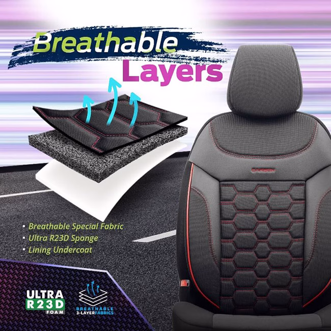 Καλύμματα Αυτοκινήτου Otom Carbon Design Universal Jacquard / Rachel / Δερματίνη Σετ Εμπρός / Πίσω Μαύρο - Κόκκινο CRB-3402 11 Τεμάχια - Image 6