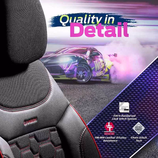 Καλύμματα Αυτοκινήτου Otom Carbon Design Universal Jacquard / Rachel / Δερματίνη Σετ Εμπρός / Πίσω Μαύρο - Κόκκινο CRB-3402 11 Τεμάχια - Image 4