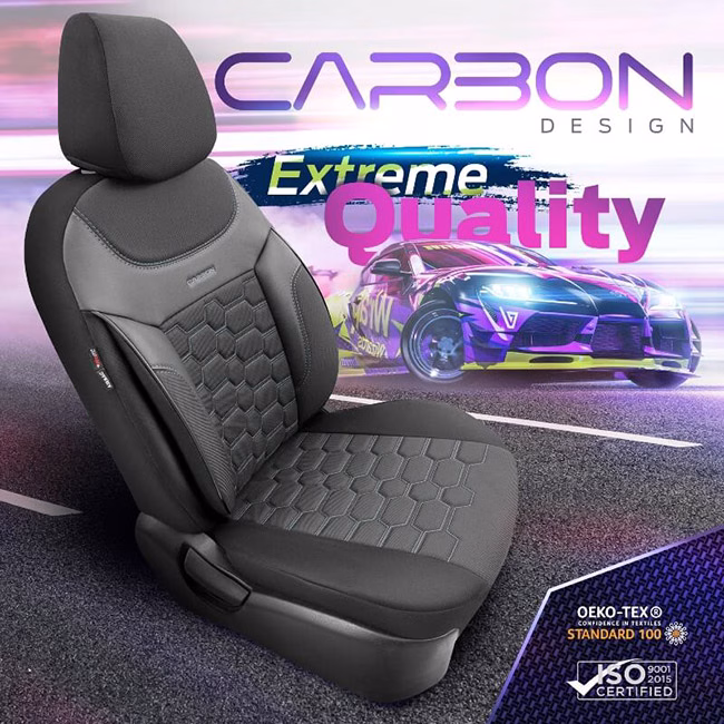 Καλύμματα Αυτοκινήτου Otom Carbon Design Universal Jacquard / Rachel / Δερματίνη Σετ Εμπρός / Πίσω Μαύρο - Γκρι CRB-3401 11 Τεμάχια - Image 2