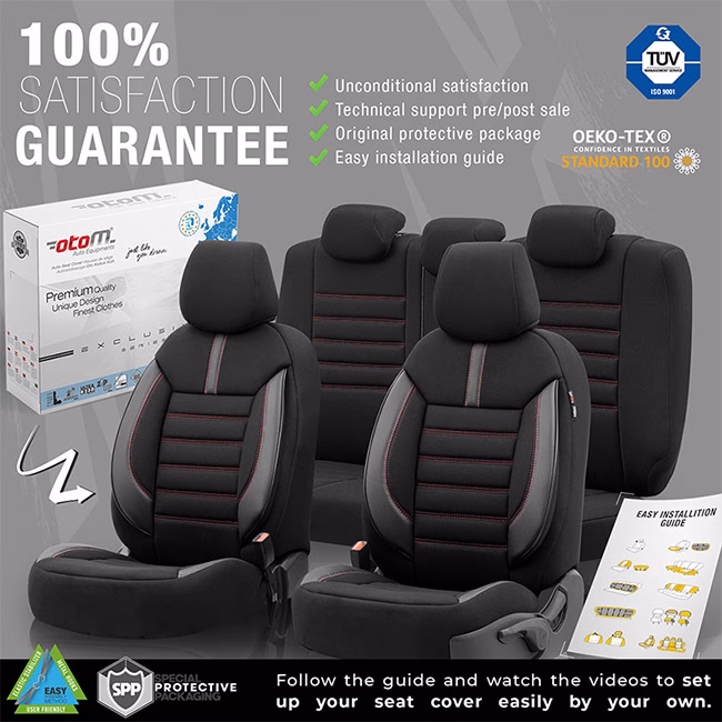 Καλύμματα Αυτοκινήτου Otom Limited Design Universal Jacquard / Lacost / Δερματίνη Σετ Εμπρός / Πίσω Μαύρο Με Κόκκινες Ραφές LMT-101 11 Τεμαχίων - Image 3