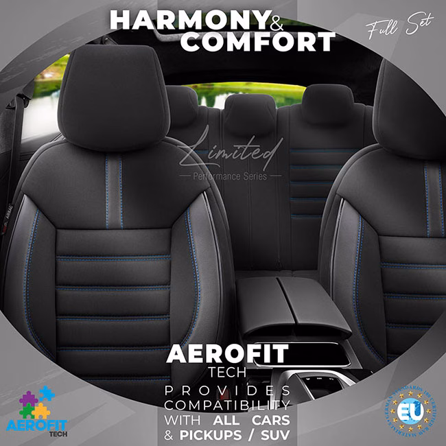 Καλύμματα Αυτοκινήτου Otom Limited Design Universal Jacquard / Lacost / Δερματίνη Σετ Εμπρός / Πίσω Μαύρο Με Μπλε Ραφές LMT-103 11 Τεμαχίων - Image 10