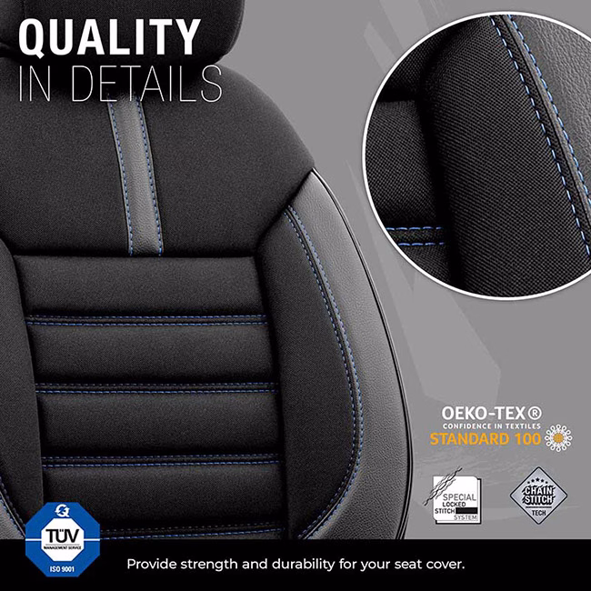 Καλύμματα Αυτοκινήτου Otom Limited Design Universal Jacquard / Lacost / Δερματίνη Σετ Εμπρός / Πίσω Μαύρο Με Μπλε Ραφές LMT-103 11 Τεμαχίων - Image 3