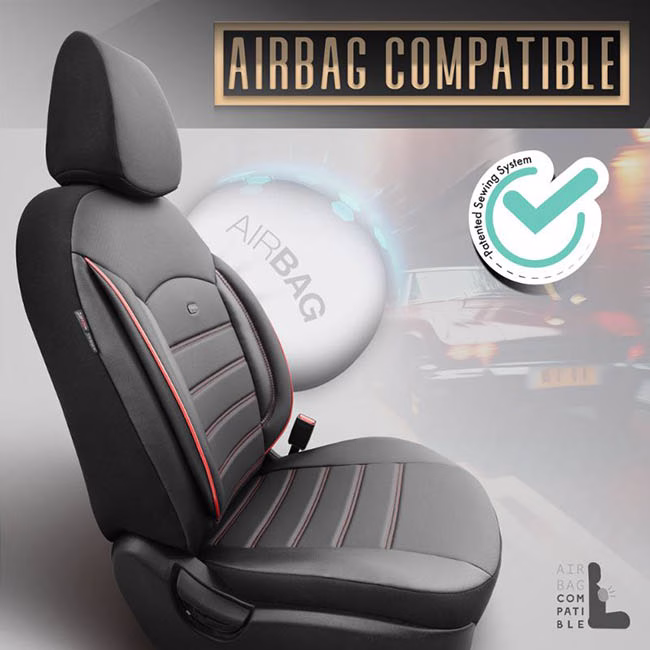 Καλύμματα Αυτοκινήτου Otom Inspire Design Universal Full Δερματίνη Σετ Εμπρός / Πίσω Μαύρο Με Κόκκινη Ραφή INS-3503 11 Τεμάχια - Image 8