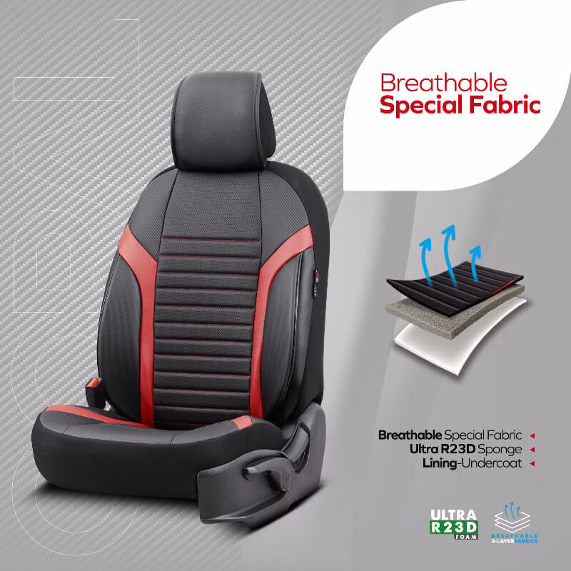 Καλύμματα Αυτοκινήτου Otom Coral Design Universal Full Δερματίνη Σετ Εμπρός / Πίσω Μαύρο / Κόκκινο CRΑL-104 11 Τεμαχίων - Image 3