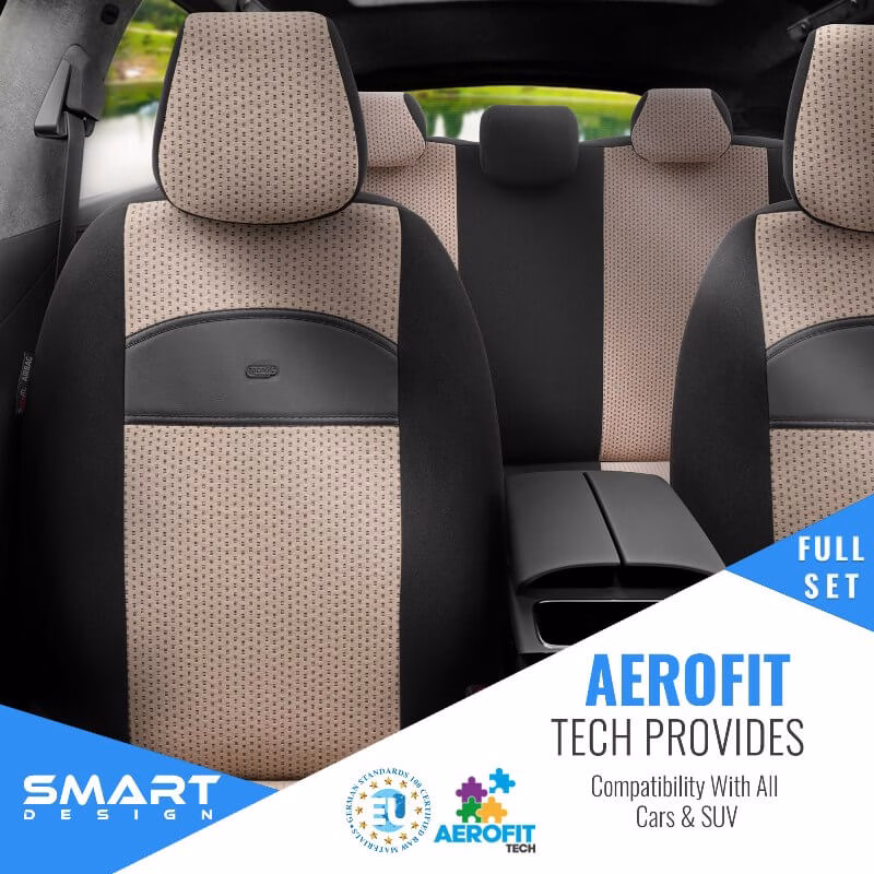 Καλύμματα Αυτοκινήτου Otom Smart Design Universal Ύφασμα / Δερματίνη Σετ Εμπρός / Πίσω Μαύρο / Μπεζ SLTSMT106-NZ 11 Τεμαχίων - Image 2