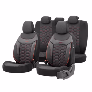Καλύμματα Αυτοκινήτου Otom Carbon Design Universal Jacquard / Rachel / Δερματίνη Σετ Εμπρός / Πίσω Μαύρο – Κόκκινο CRB-3402 11 Τεμάχια