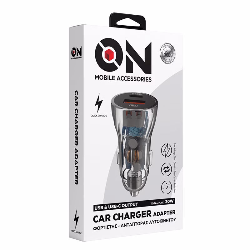 ON Mobile Accessories Φορτιστής Αναπτήρα Αυτοκινήτου με 2 Θύρες USB και USB-c 12-24V Διάφανος - Image 3