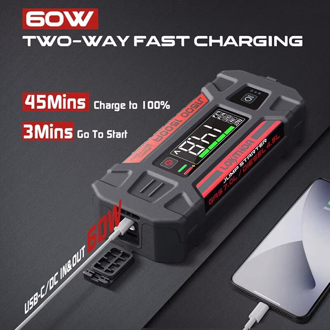 Εκκινητής Μπαταριών Αυτοκινήτου, Powerbank, Φακός Led 3 Σε1 Lokithor J1500 12 Volt 1500A 1 Τεμάχιο - Image 4