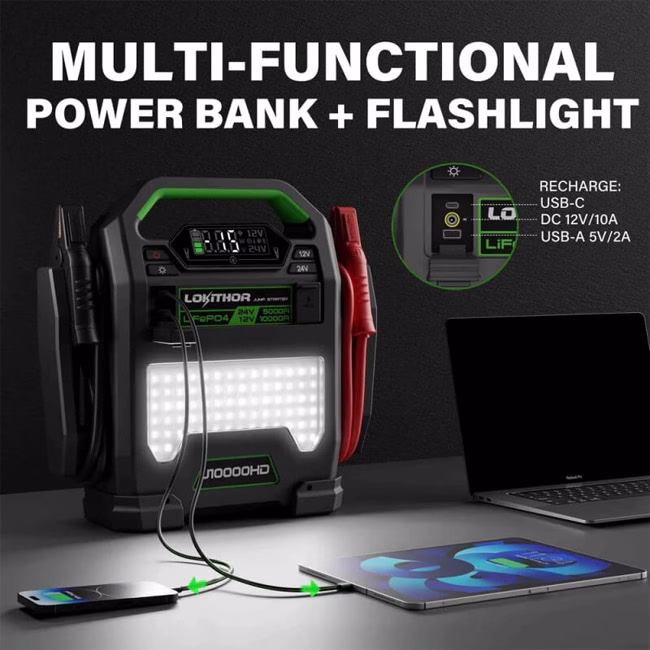 Επαγγελαμτικός Εκκινητής Μπαταριών , Powerbank, Φακός Led 3 Σε1 Lokithor J10000HD 12 Volt 10000A / 24V 5000A 1 Τεμάχιο - Image 9